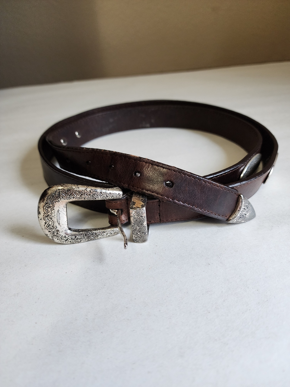 Concho Brown Full Grain Cowhide Leather Belt with Distressed Silver Buckle 2XL